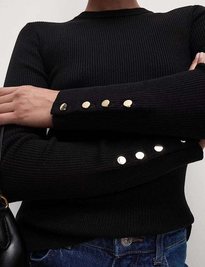 Ribbed Button Detail Crew Neck Jumper