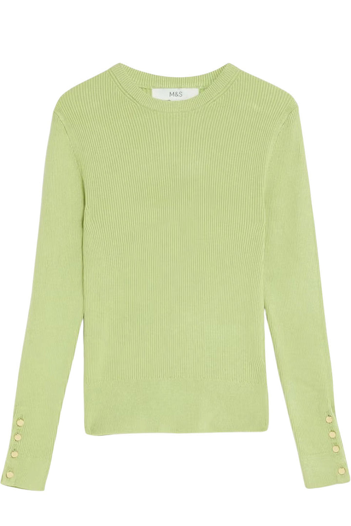 Ribbed Button Detail Crew Neck Jumper