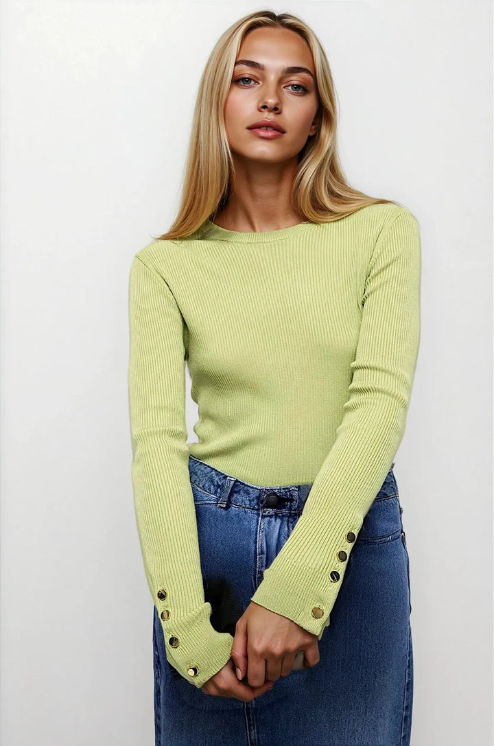 Ribbed Button Detail Crew Neck Jumper