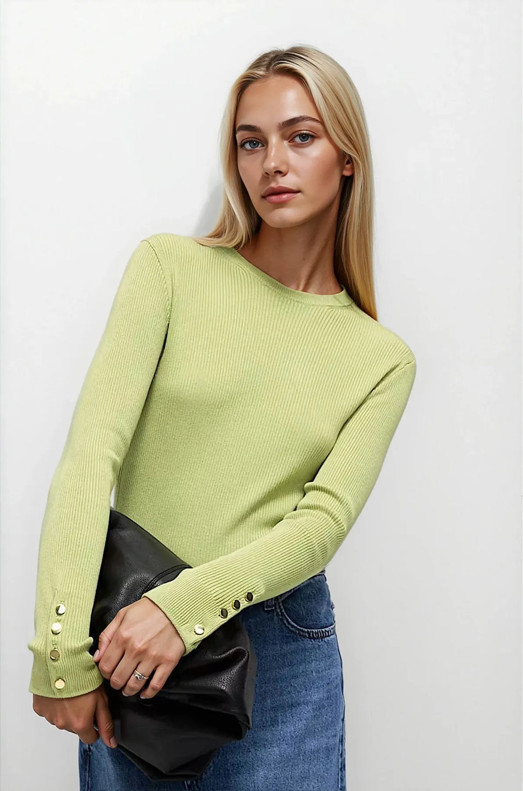 Ribbed Button Detail Crew Neck Jumper