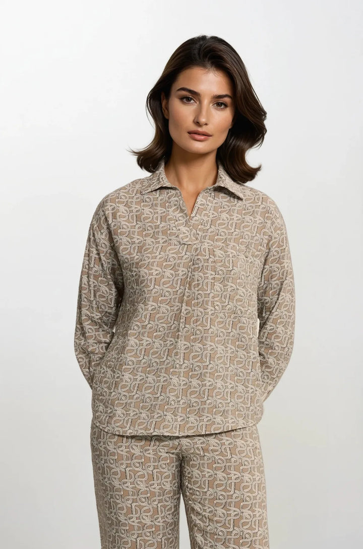 Mocha Chain Print Popover Collared Blouse