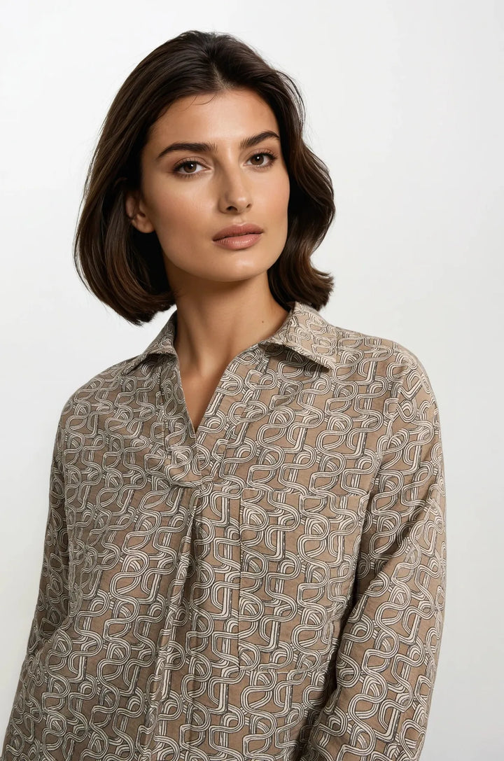 Mocha Chain Print Popover Collared Blouse