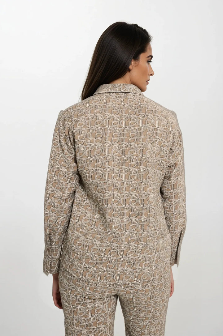 Mocha Chain Print Popover Collared Blouse