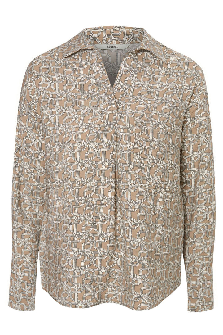Mocha Chain Print Popover Collared Blouse