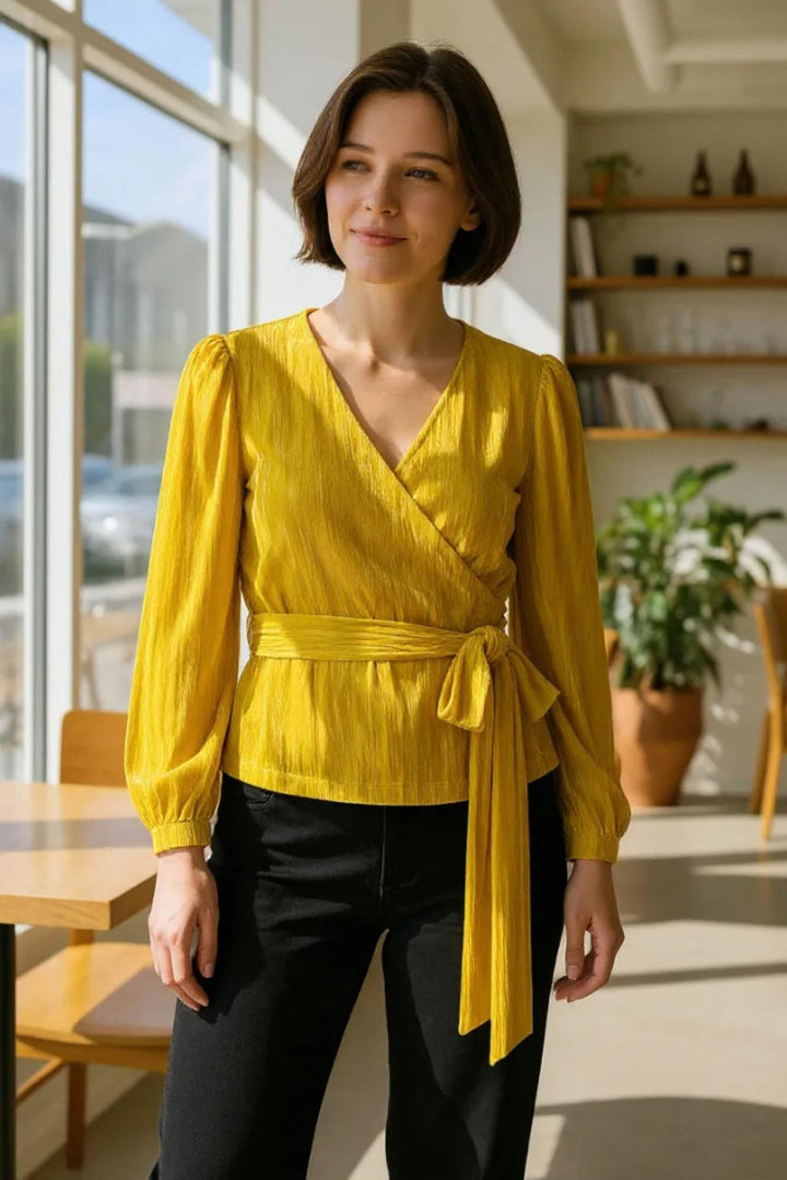 Yellow Velvet Wrap Top