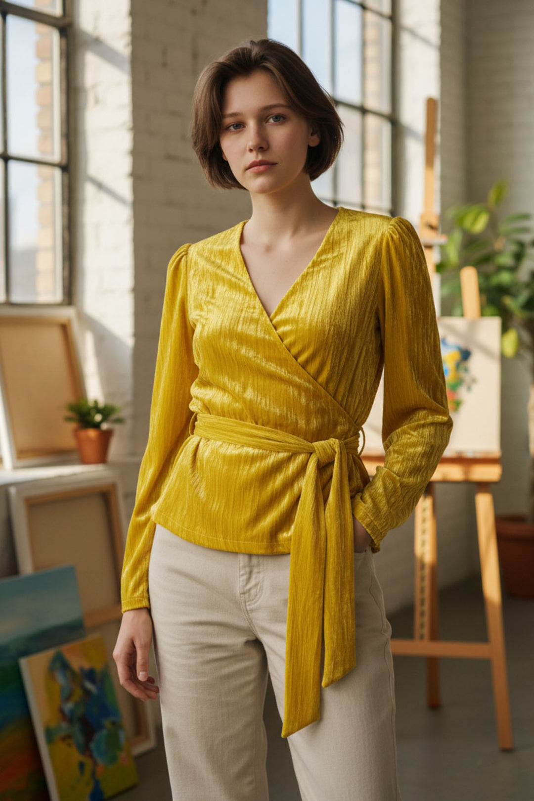 Yellow Velvet Wrap Top