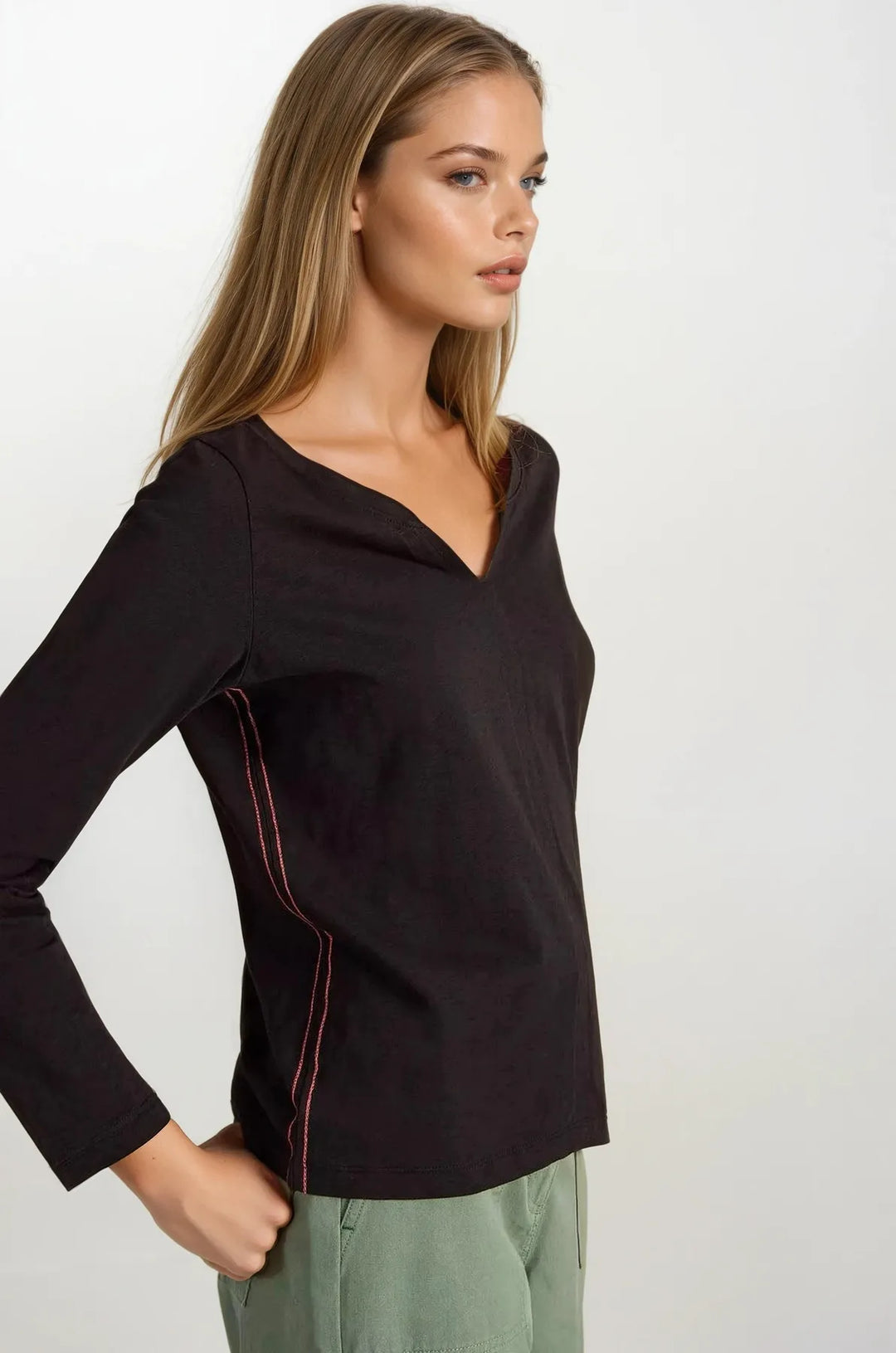 Notch Neck Long Sleeve Cotton Top