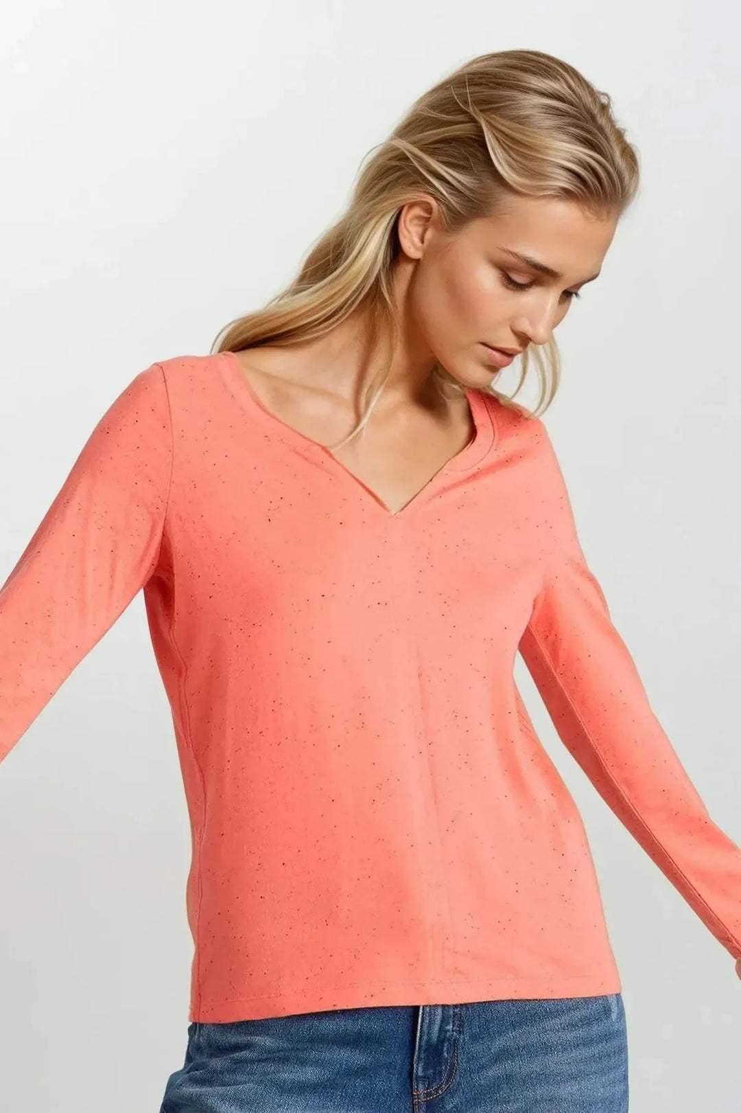 Notch Neck Long Sleeve Cotton Top