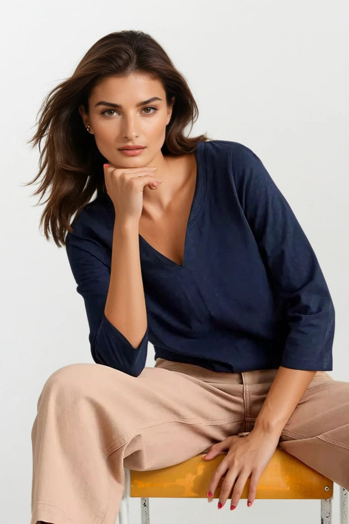 Notch Neck Long Sleeve Cotton Top