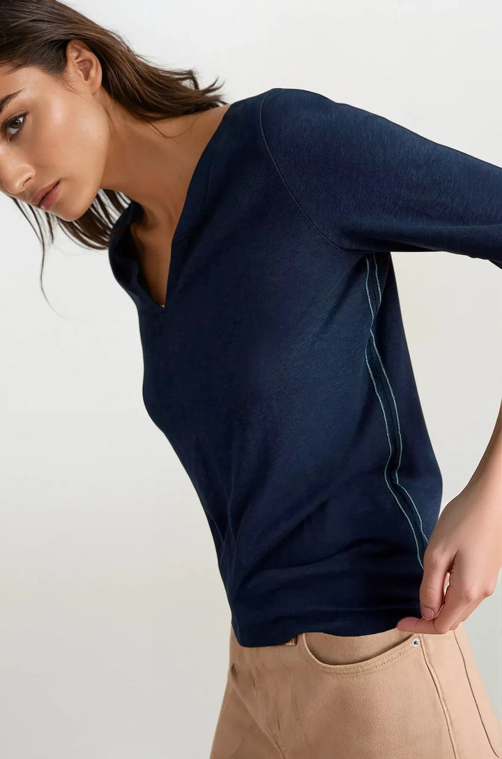 Notch Neck Long Sleeve Cotton Top