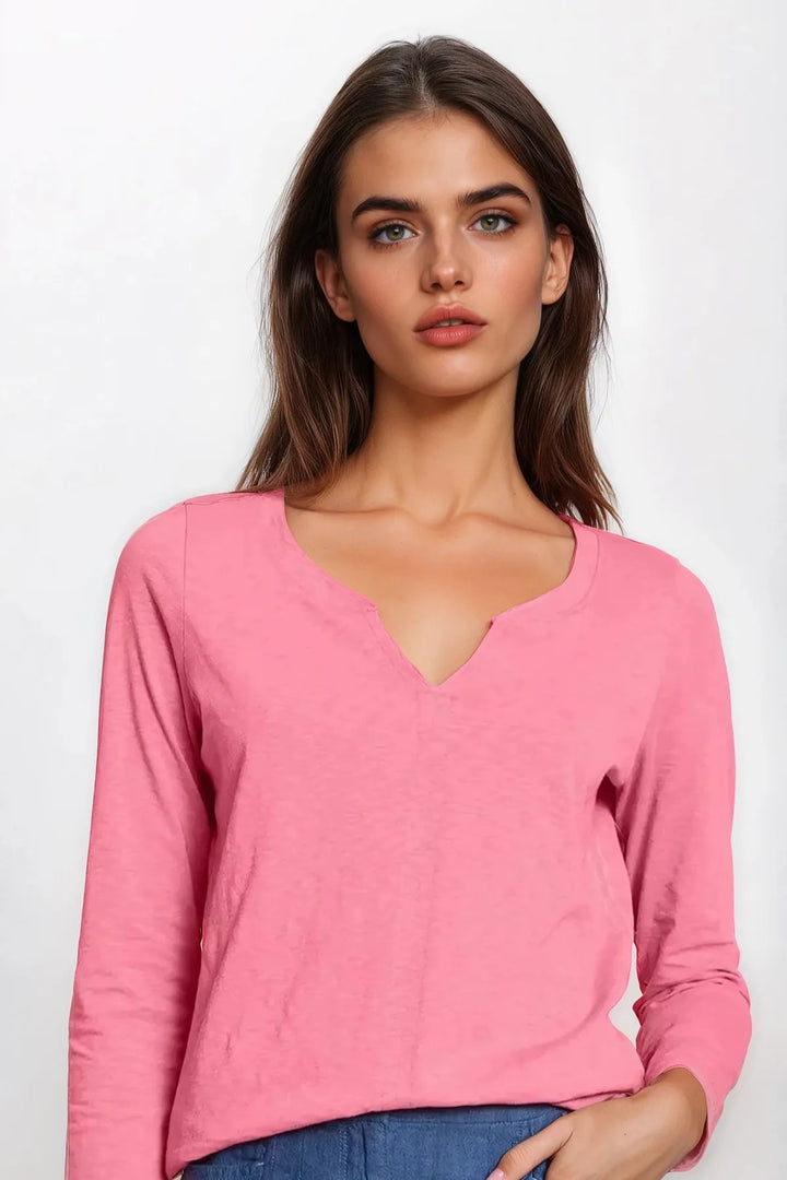 Notch Neck Long Sleeve Cotton Top