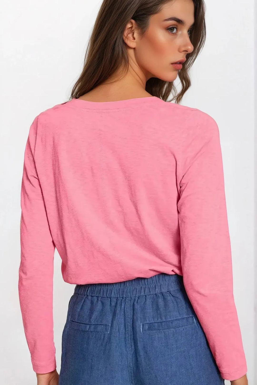 Notch Neck Long Sleeve Cotton Top