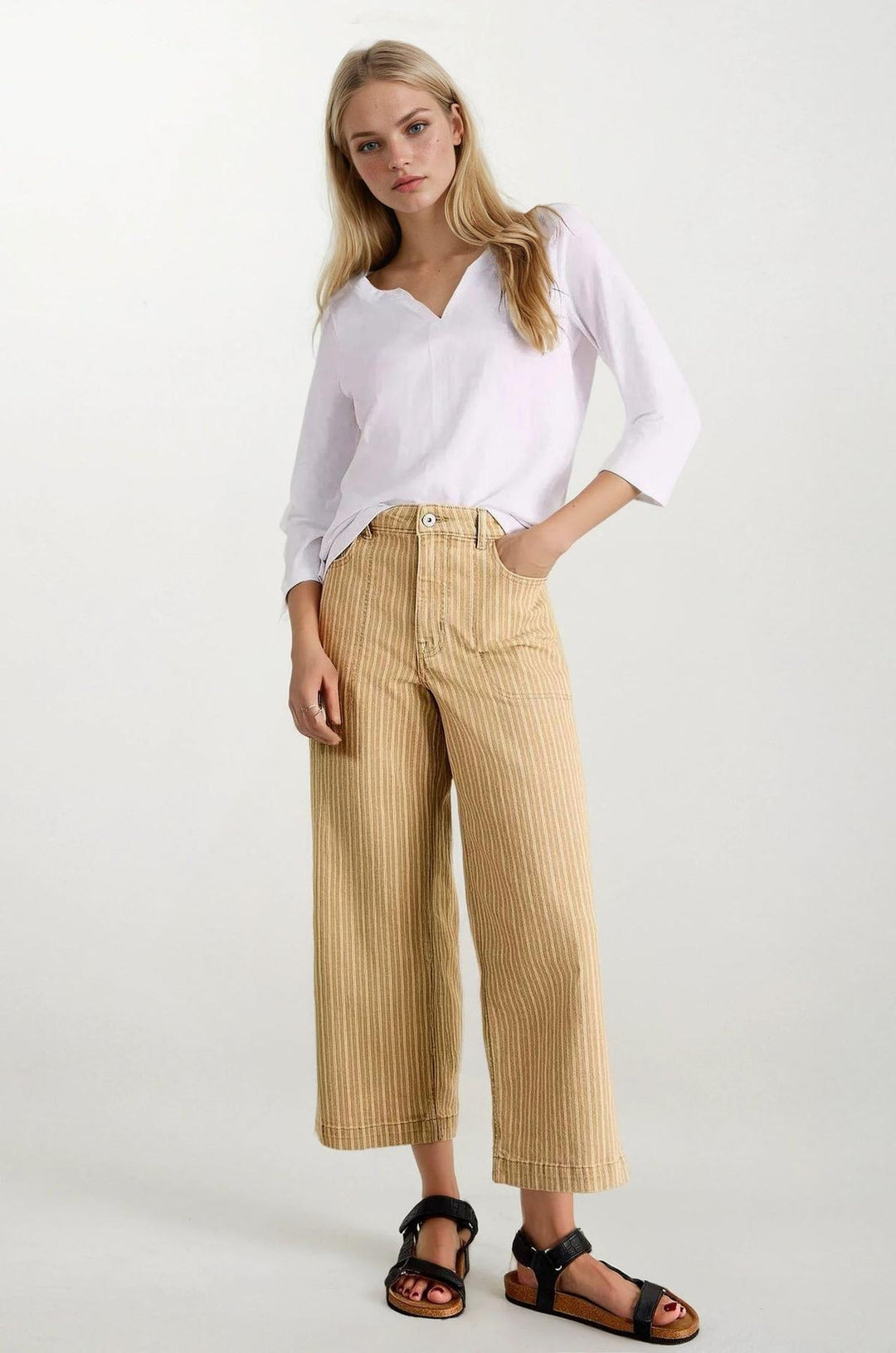 Notch Neck Long Sleeve Cotton Top