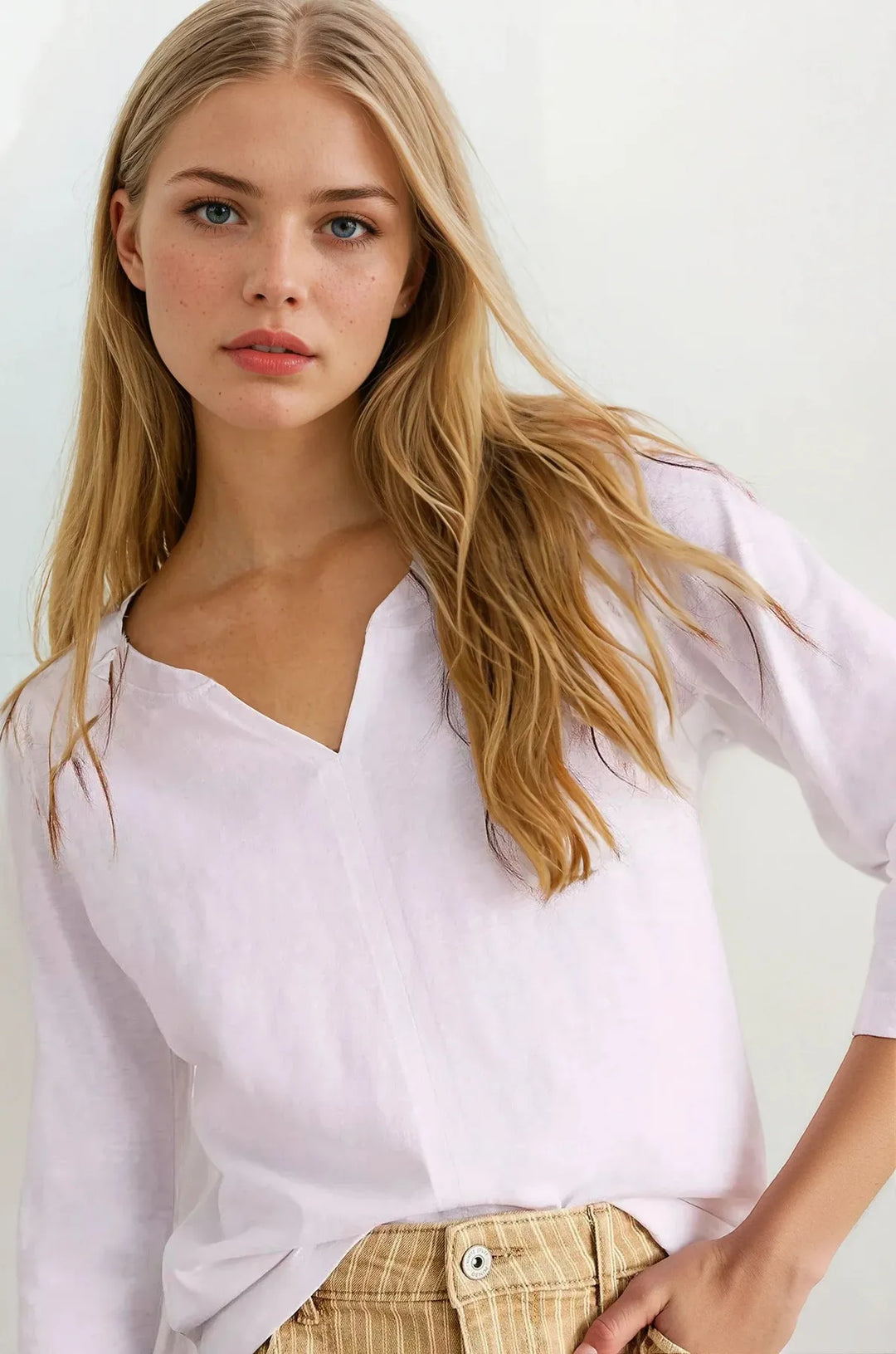 Notch Neck Long Sleeve Cotton Top