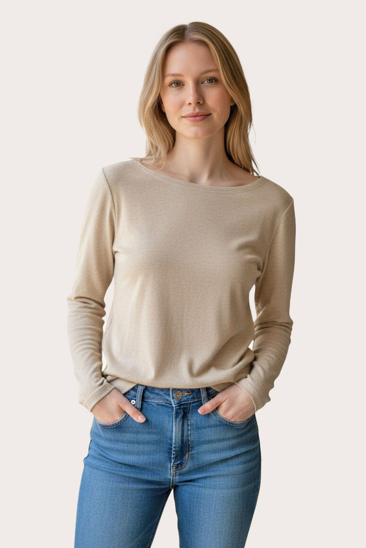 Boat Neck Long Sleeve Cotton Top