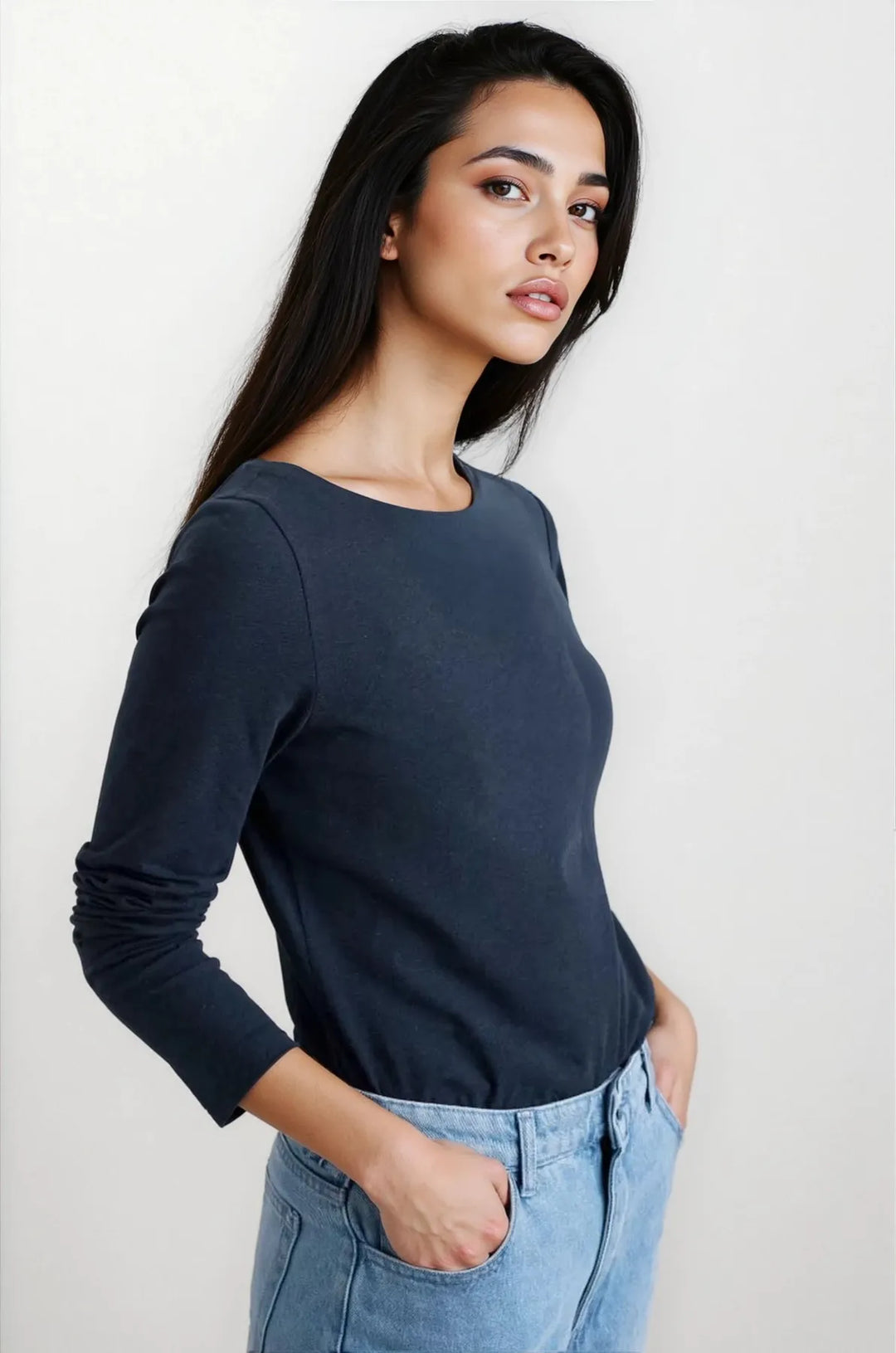 Boat Neck Long Sleeve Cotton Top
