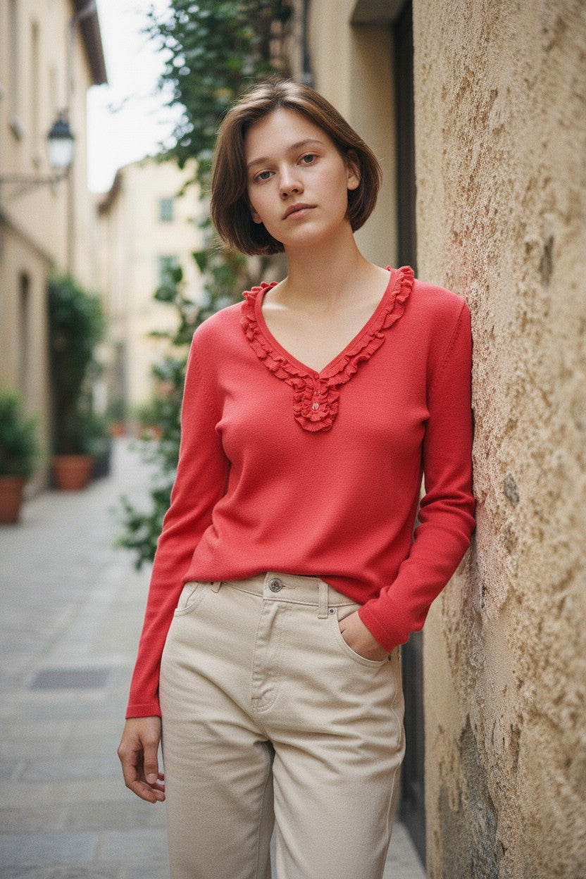Red Frill V-Neck Knit Top