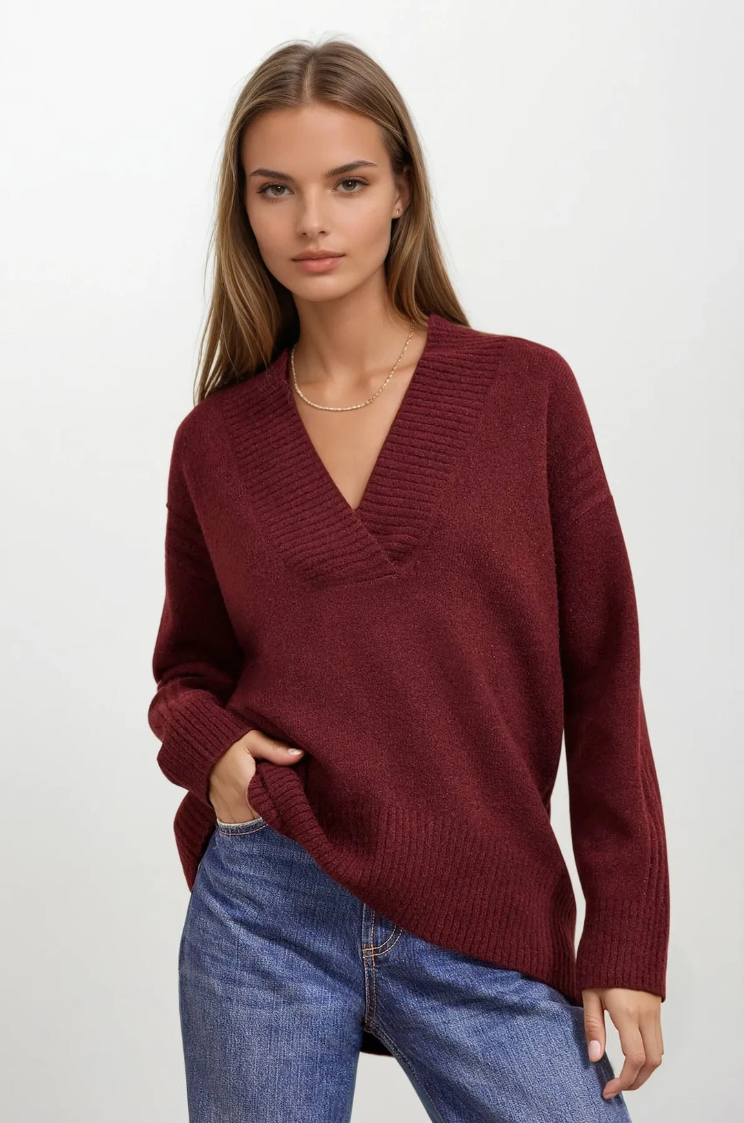 Longline Deep V-Neck Jumper