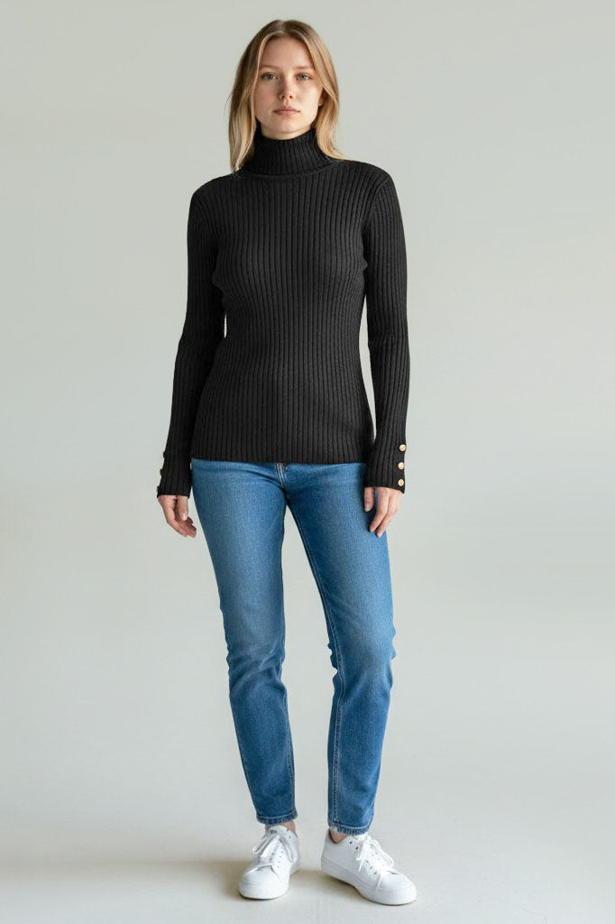 Ribbed Button Cuff Roll Neck Jumper