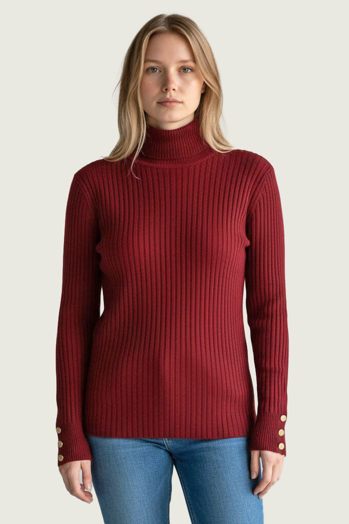 Ribbed Button Cuff Roll Neck Jumper
