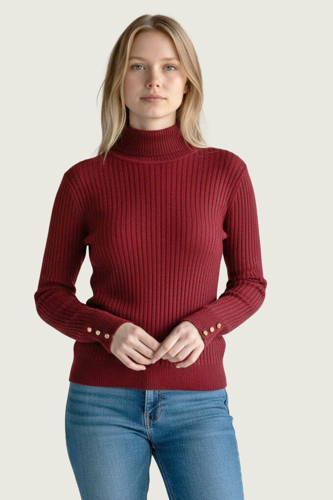 Ribbed Button Cuff Roll Neck Jumper