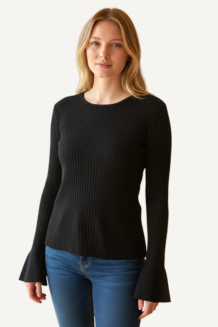 Split Cuff Ribbed Fine Knit Top