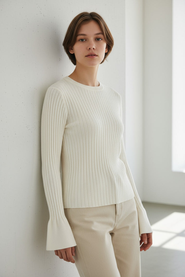 Split Cuff Ribbed Fine Knit Top