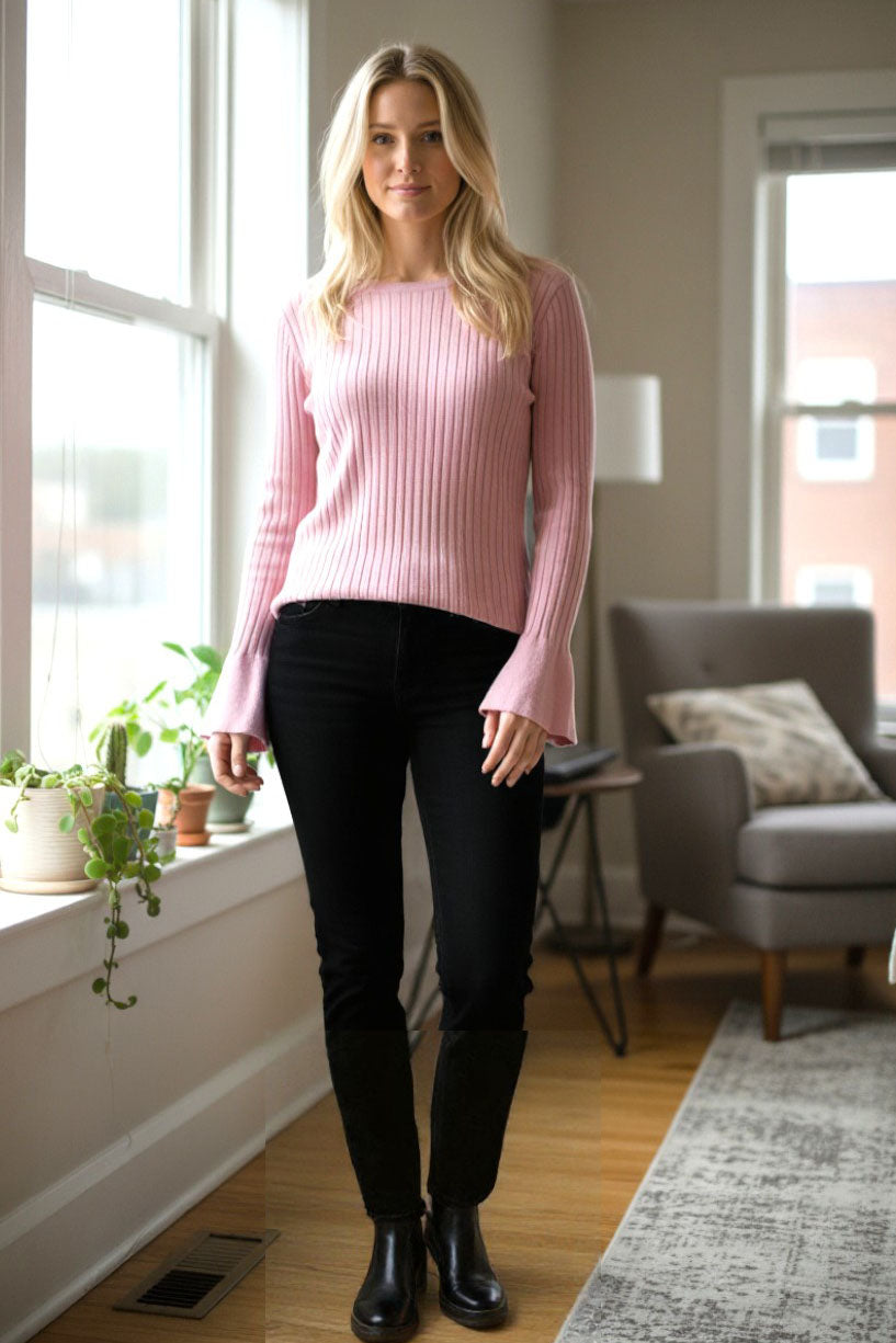 Split Cuff Ribbed Fine Knit Top