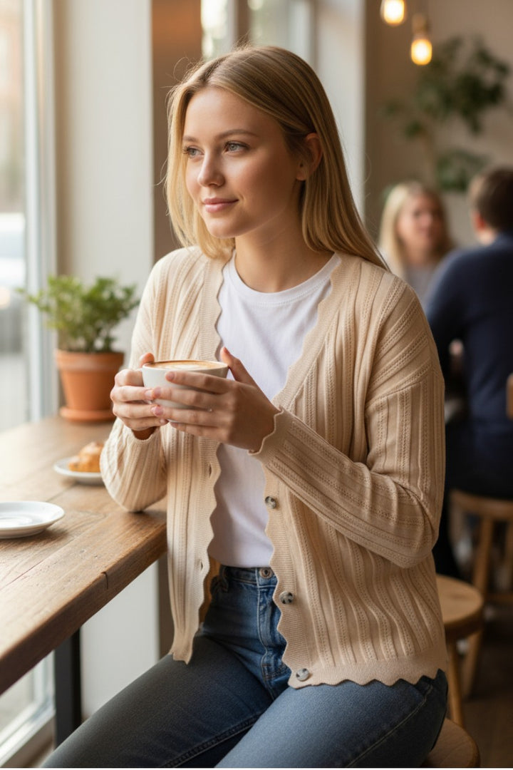 Scallop Edge Ribbed Cardigan