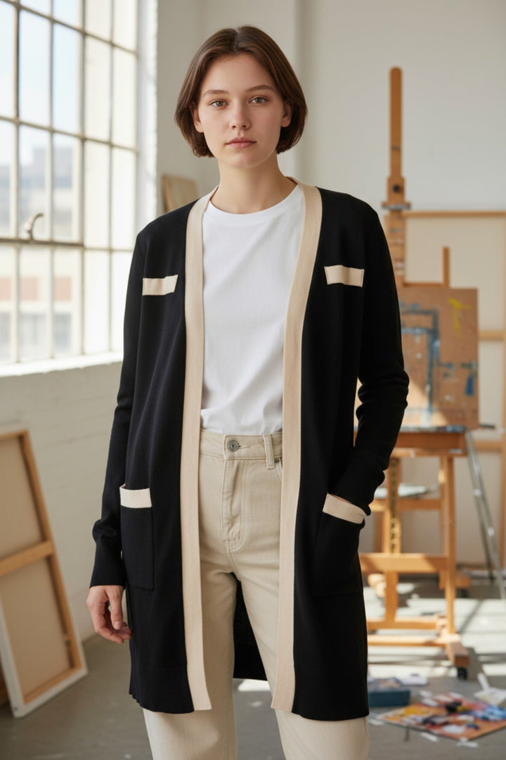 Contrast Trim Open Front Cardigan