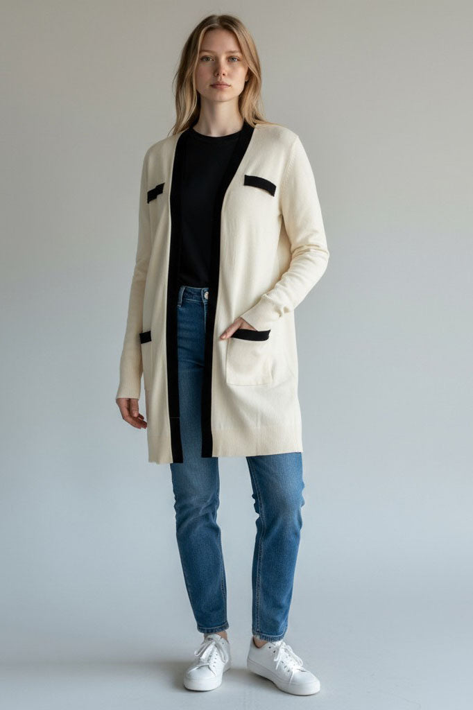 Contrast Trim Open Front Cardigan