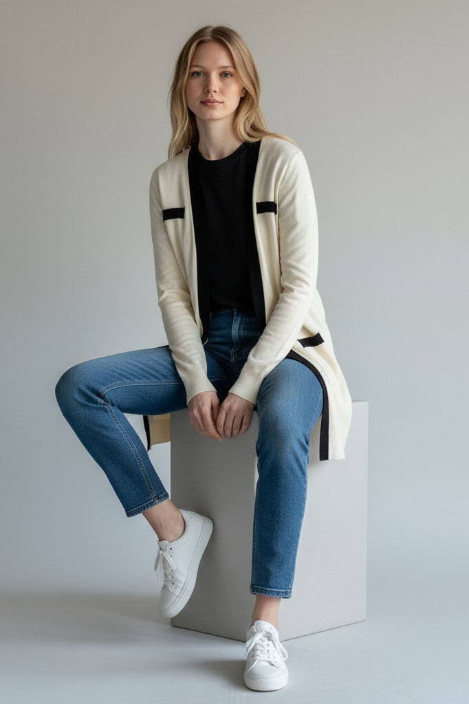 Contrast Trim Open Front Cardigan