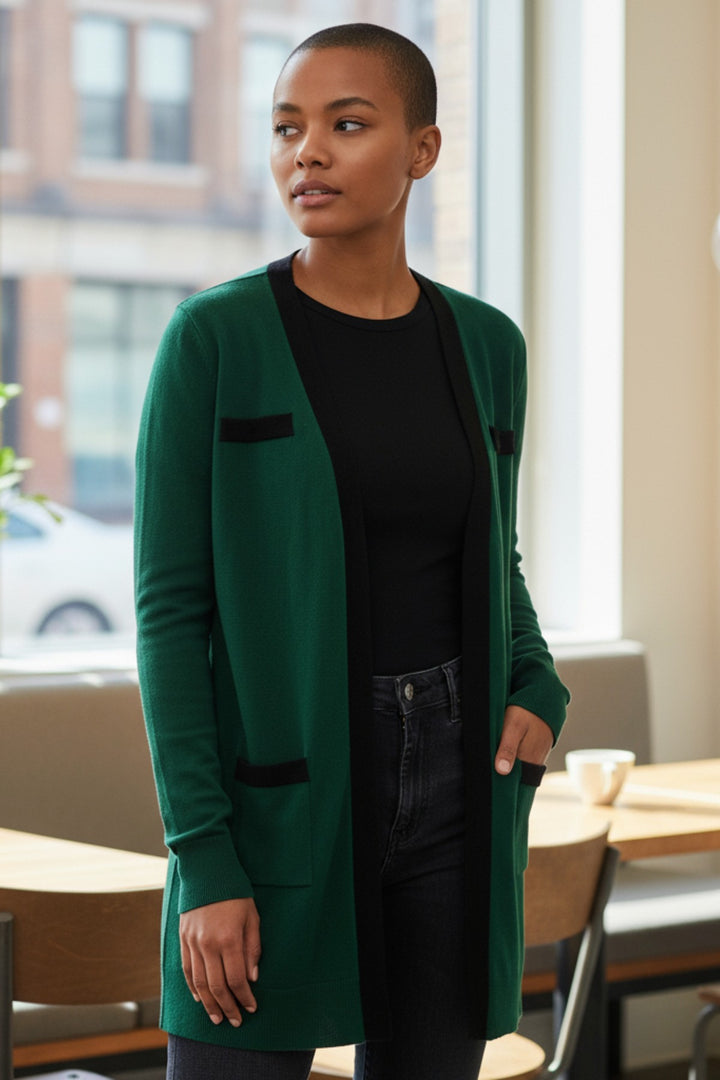 Contrast Trim Open Front Cardigan