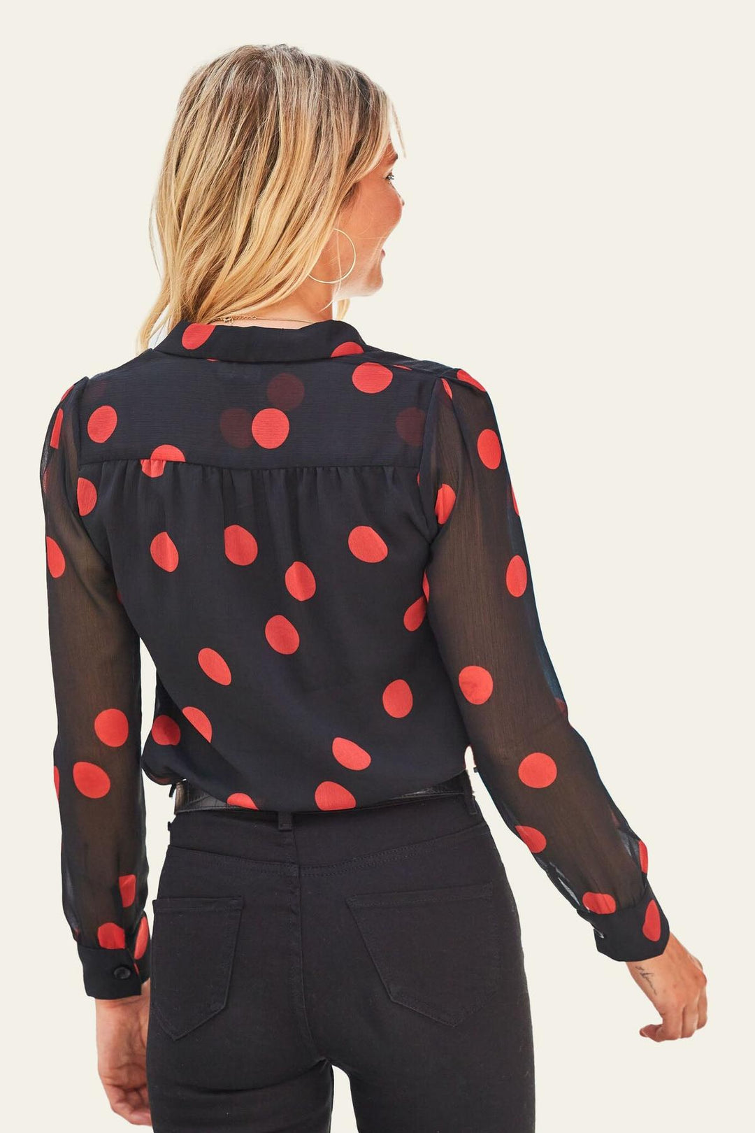 Black Red Spot Print Sheer Sleeve Shirt