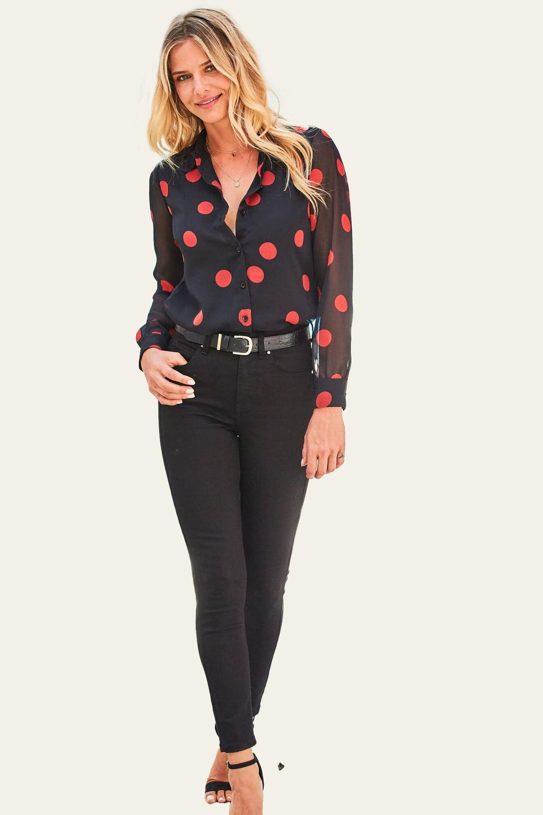 Black Red Spot Print Sheer Sleeve Shirt