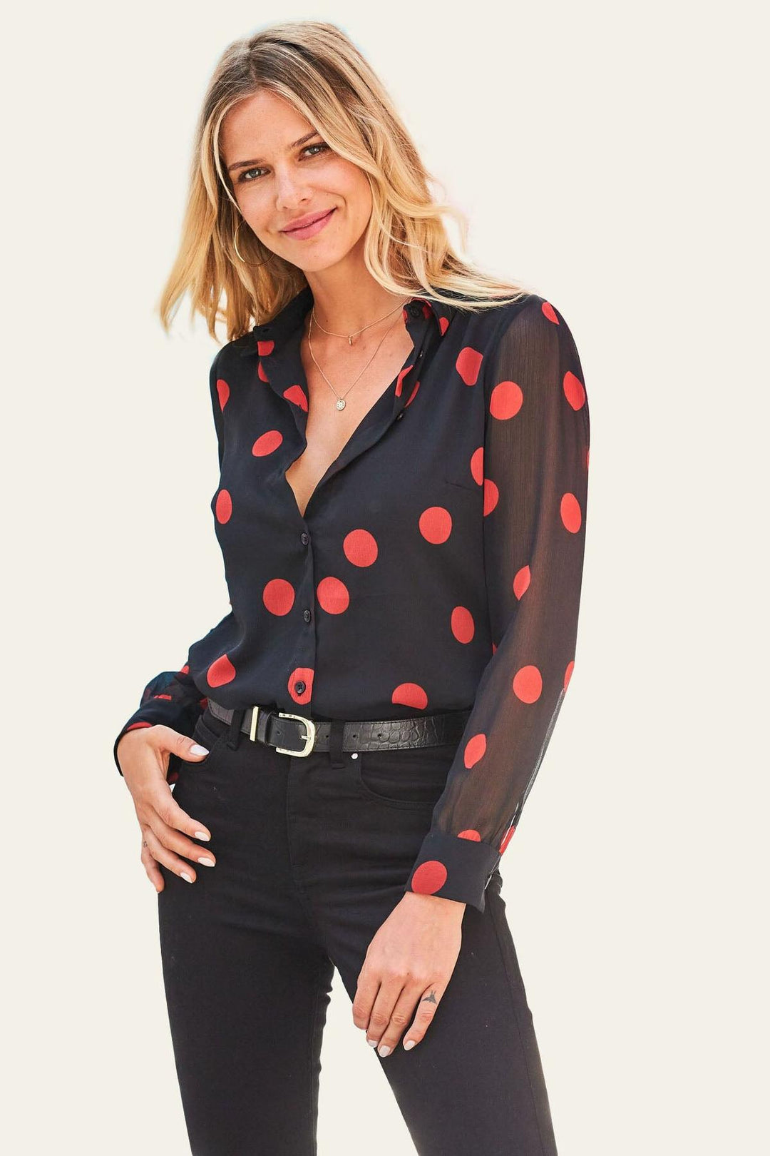 Black Red Spot Print Sheer Sleeve Shirt