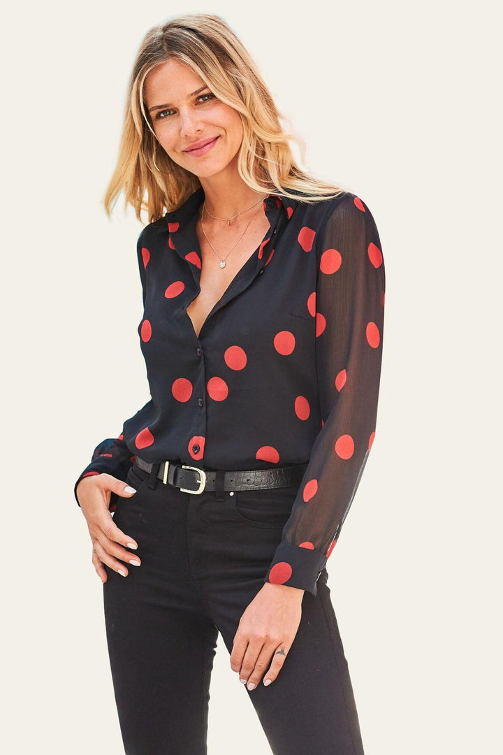 Black Red Spot Print Sheer Sleeve Shirt