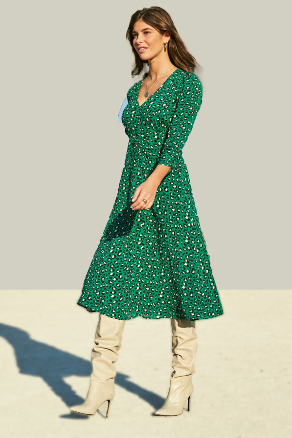Green Animal Print V-Neck Midi Dress