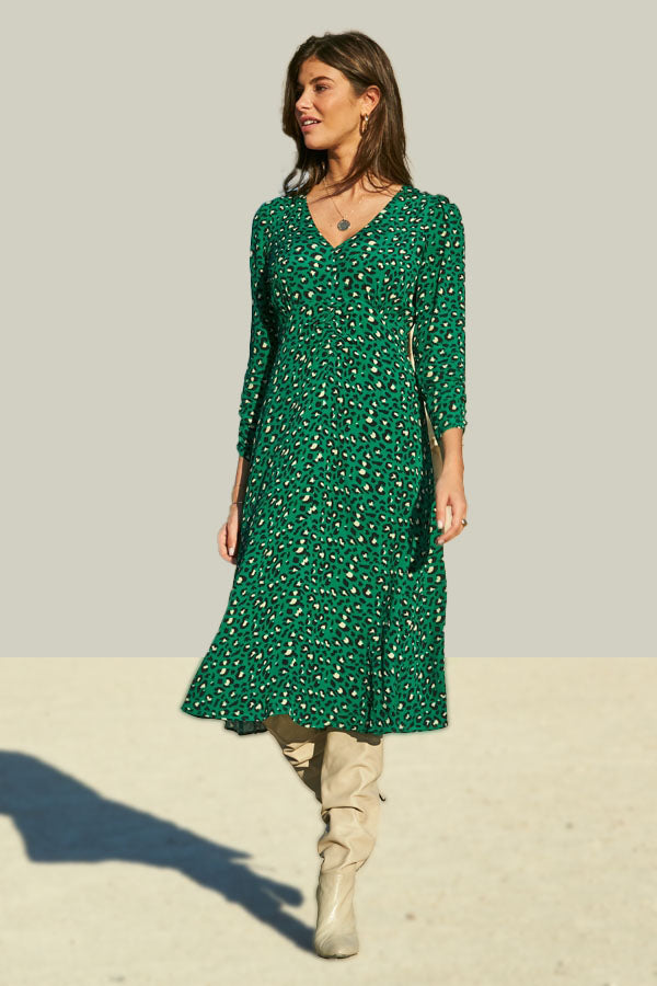 Green Animal Print V-Neck Midi Dress