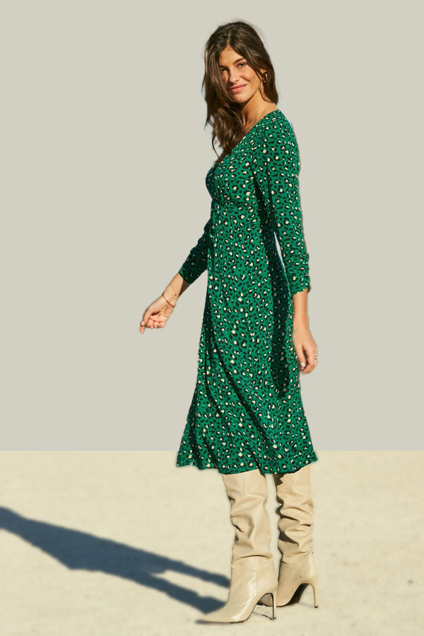 Green Animal Print V-Neck Midi Dress