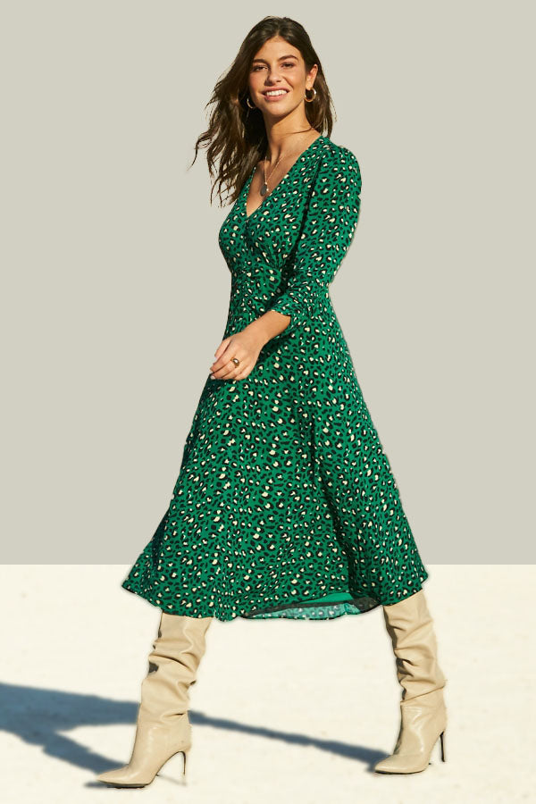 Green Animal Print V-Neck Midi Dress