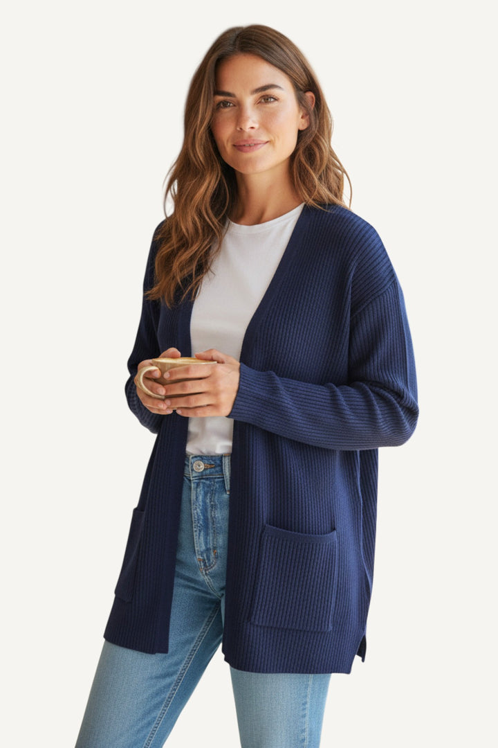 Navy Ribbed Open Front Cardigan