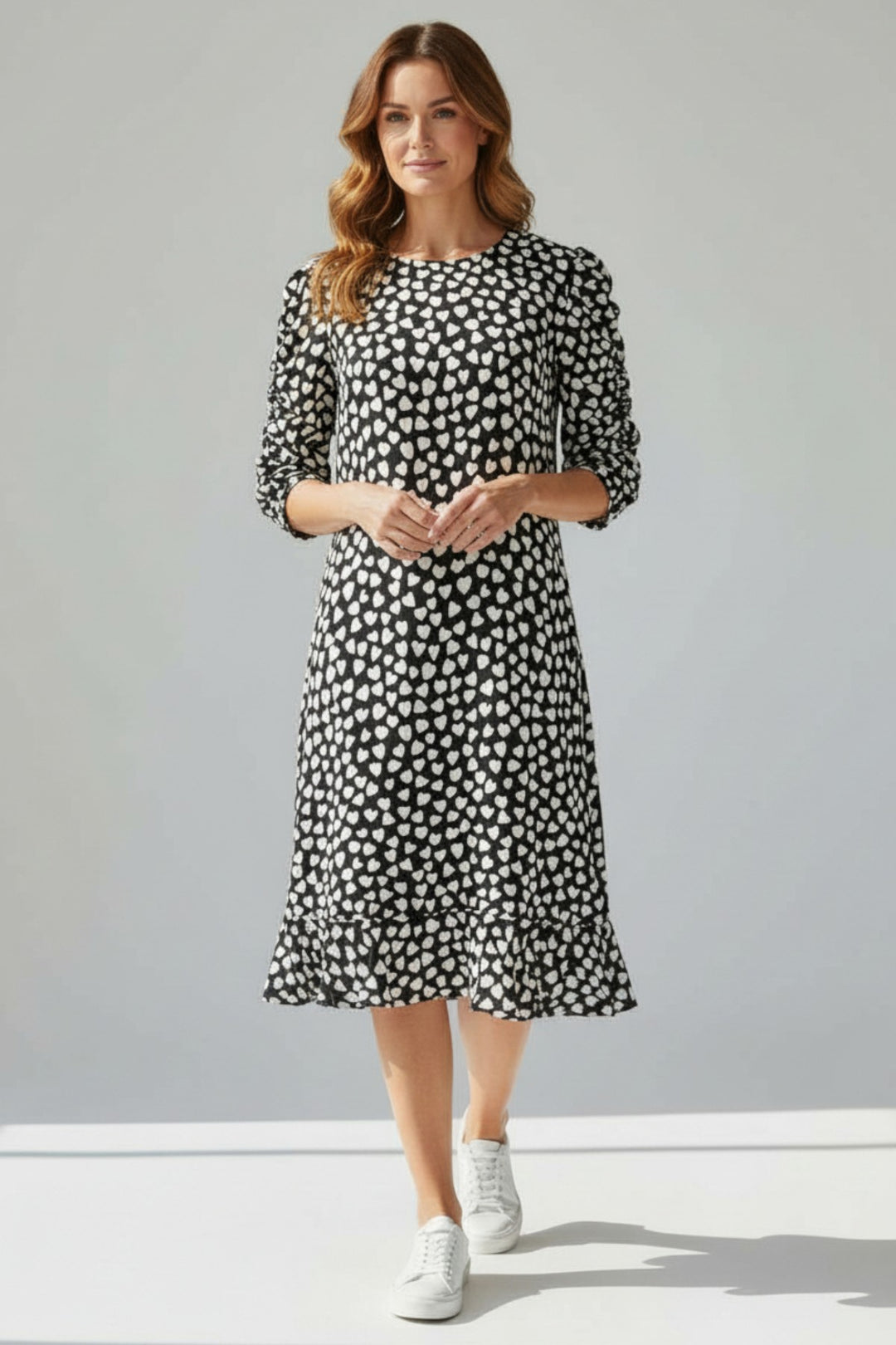 Black Heart Print Ruffle Hem Dress