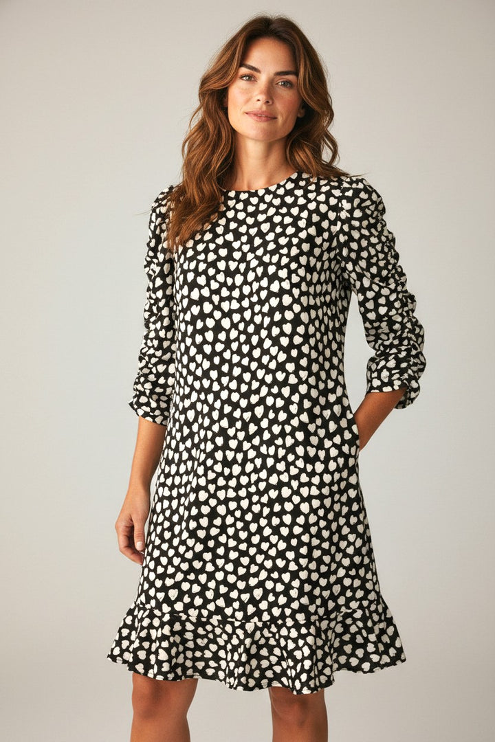 Black Heart Print Ruffle Hem Dress