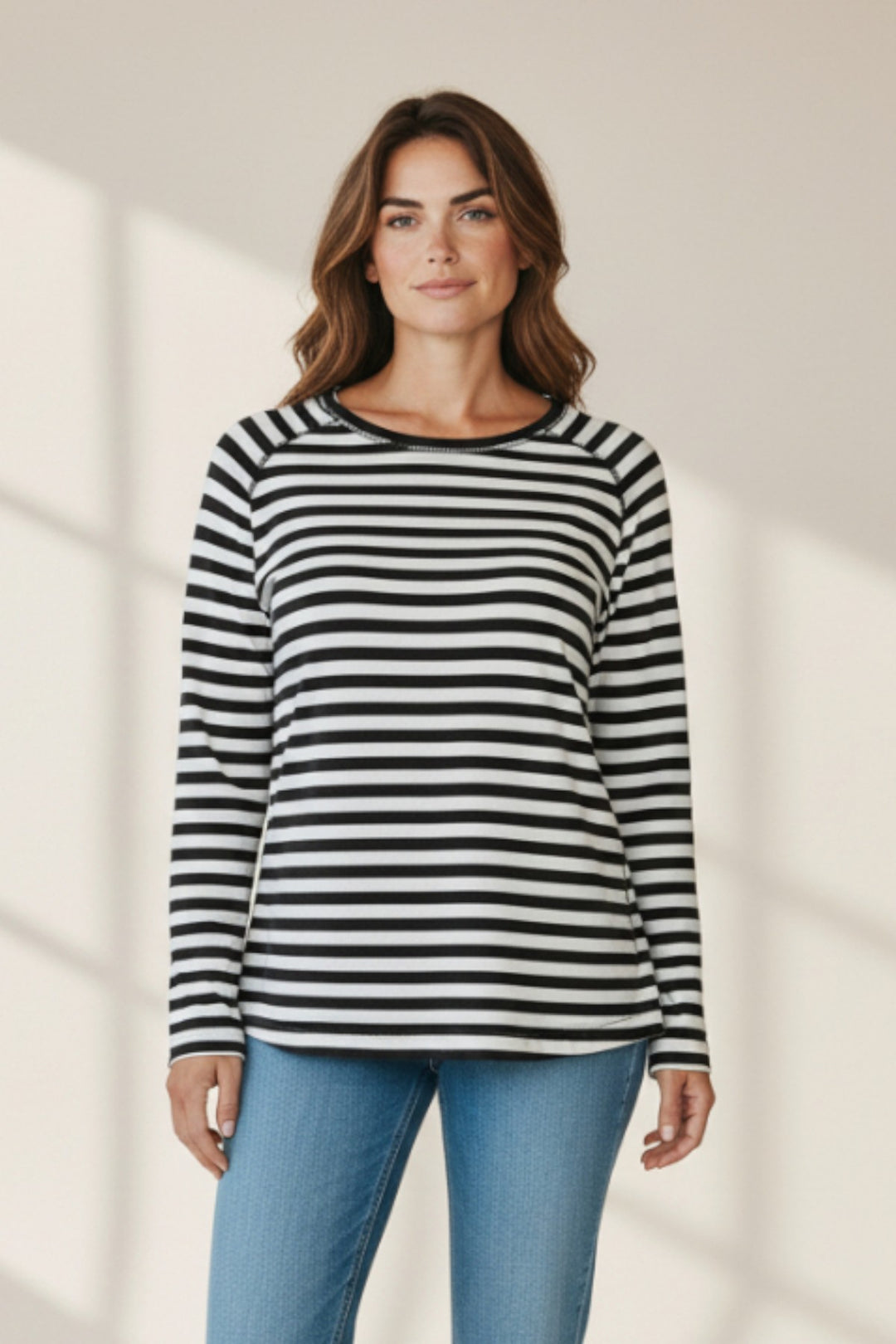 Cotton Jersey Stripe Long Sleeve T-Shirt Rolled Neck