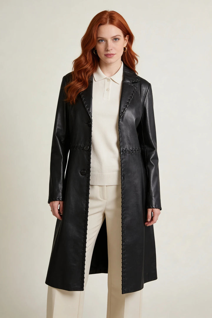 Faux Leather Stitched Trim Coat