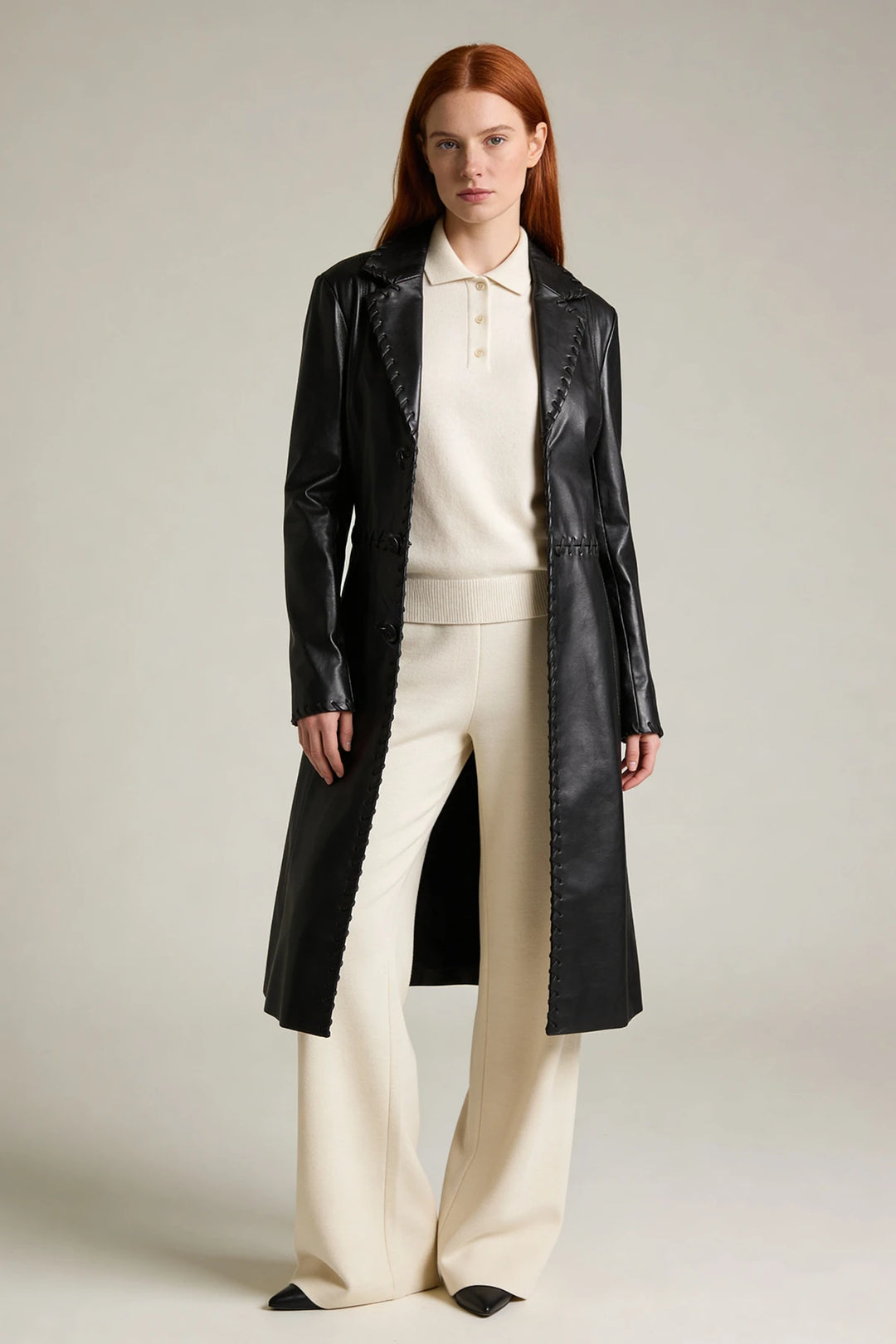 Faux Leather Stitched Trim Coat