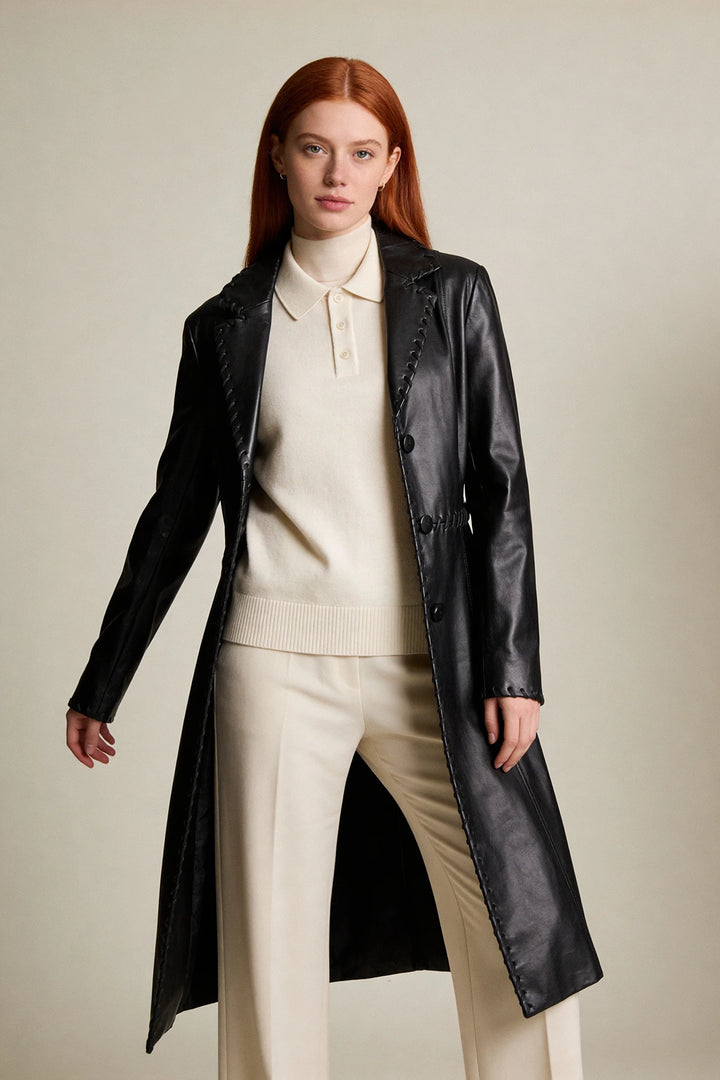 Faux Leather Stitched Trim Coat