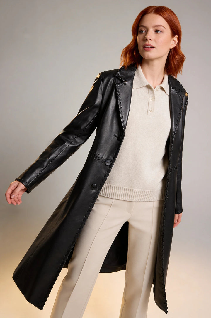 Faux Leather Stitched Trim Coat