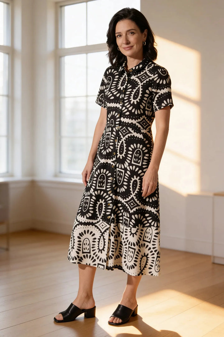 Monochrome Geometric Print Jersey Shirt Dress